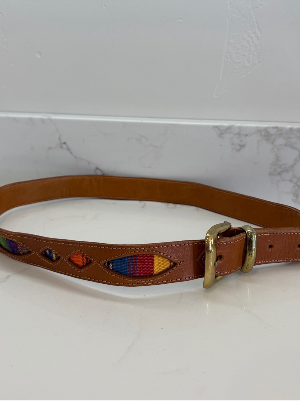 Womens Large Belt Genuine Leather Colorful Embroidered Inserts Brown